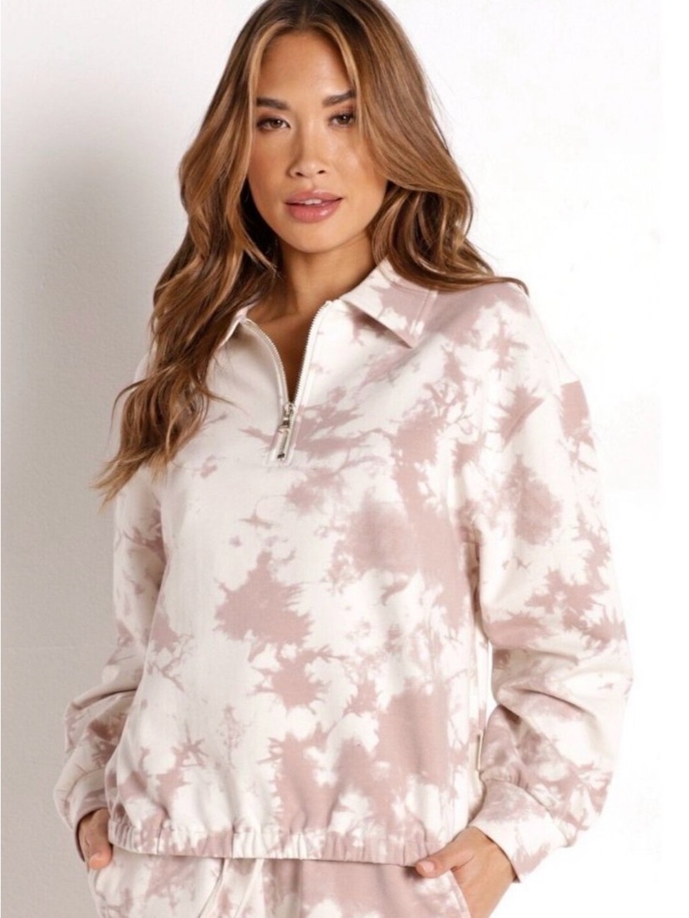 Varley Romero Sweatshirt M Taupe Tie Dye Quarter Zip Collared Pullover